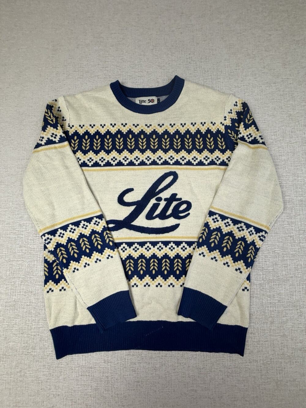Miller Lite 50 Beer Men’s Large Fair Isle Logo Crewneck Sweater Navy Cream